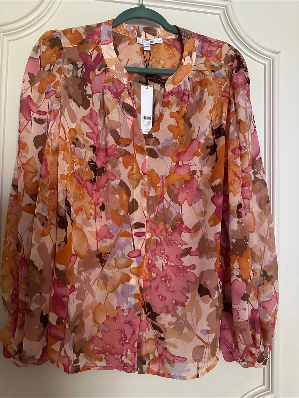 Chico's Pink Orange Brown Floral Sheer Button-Front Blouse
